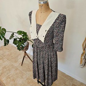 Vintage 80's Act 1 New York Lace Bib Floral Dress - Cottagecore